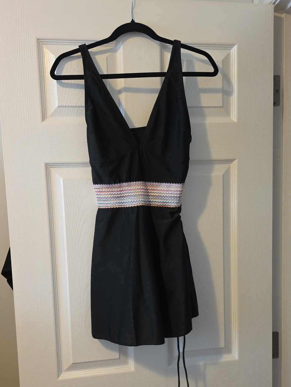 Black One-Piece Swimdress with Multicolor Waistband